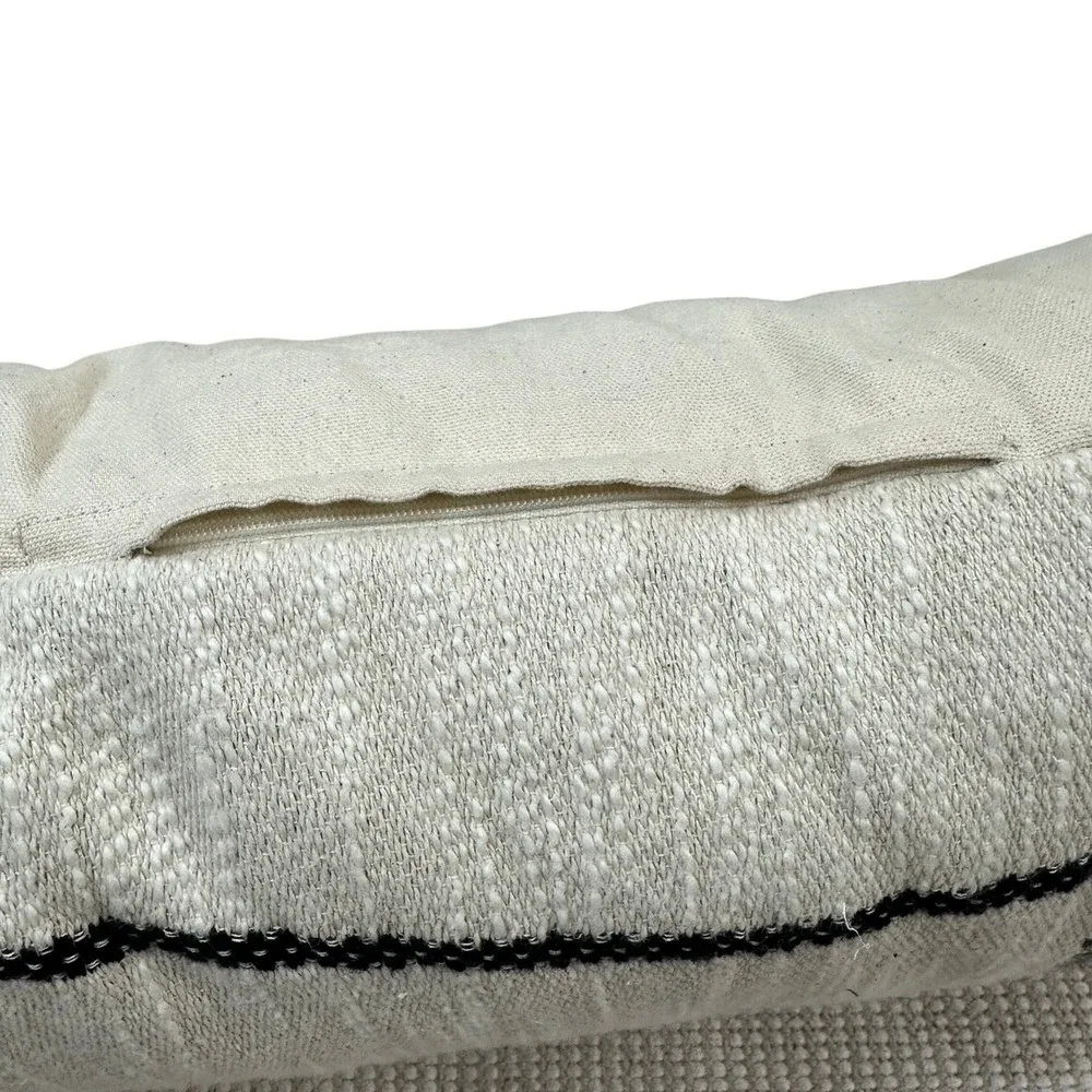 Woven Lumbar Pillow Black Cream Plaid Tassel Trim Textured Boho Accent 22x13